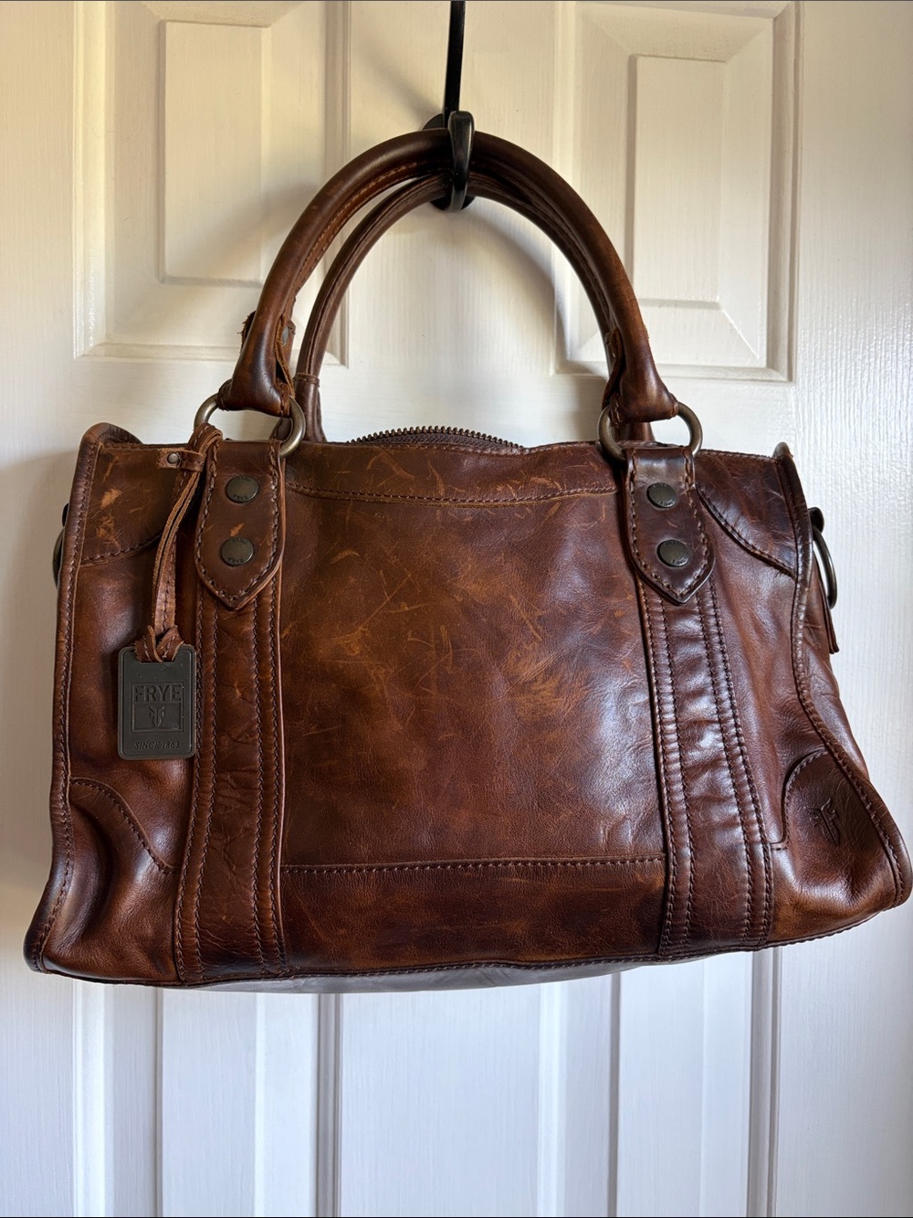 Frye Cognac Brown Italian Leather Tote Melissa Satchel Handbag - Picture 4 of 9